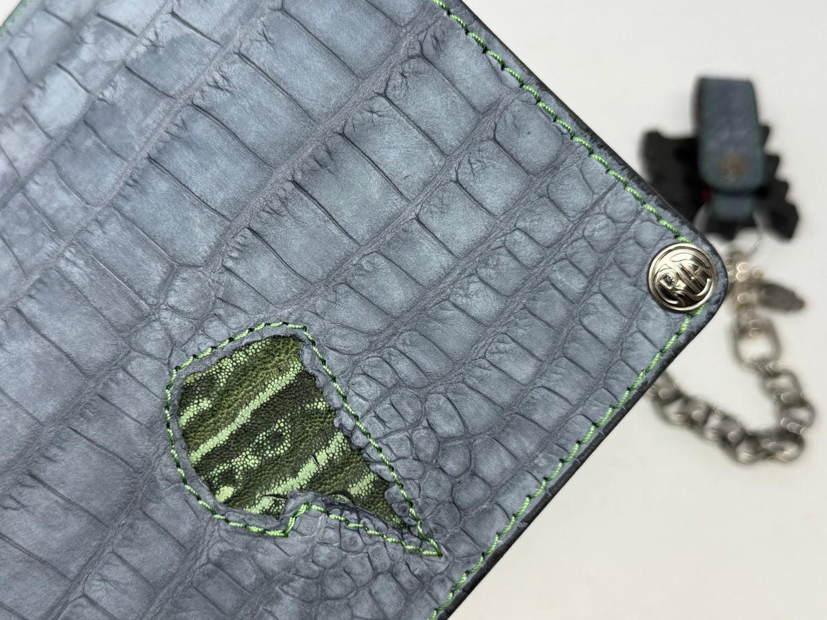 5G Long Biker Chain Wallet - Gray Nubuck Alligator x Elephant