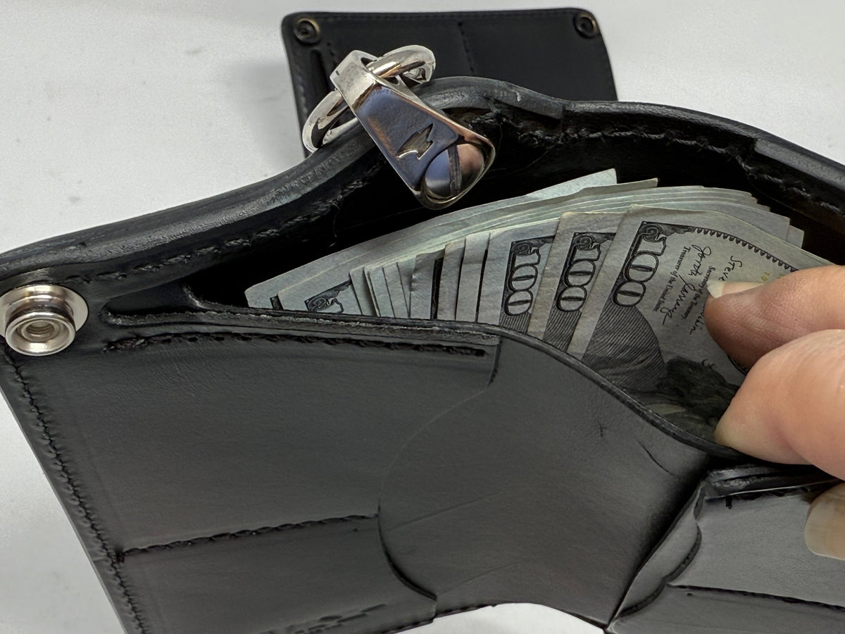 5G Long Biker Leather Chain Wallet - Black Hermann Oak