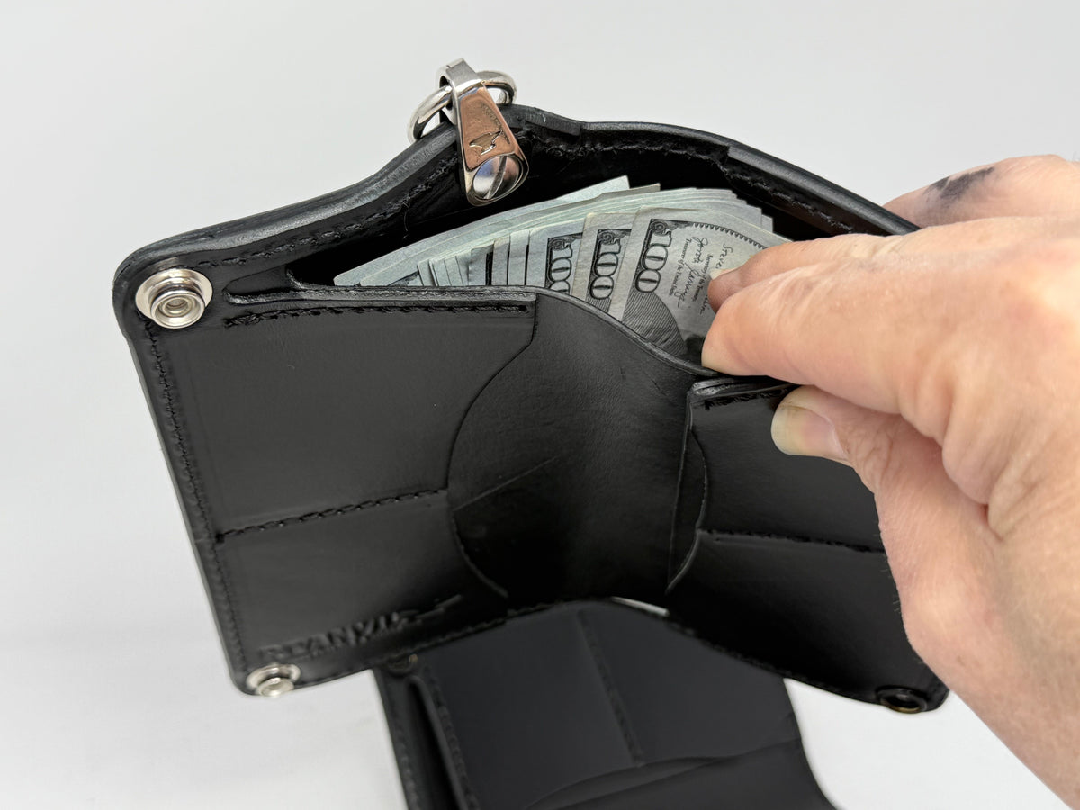 5G Long Biker Leather Chain Wallet - Black Hermann Oak