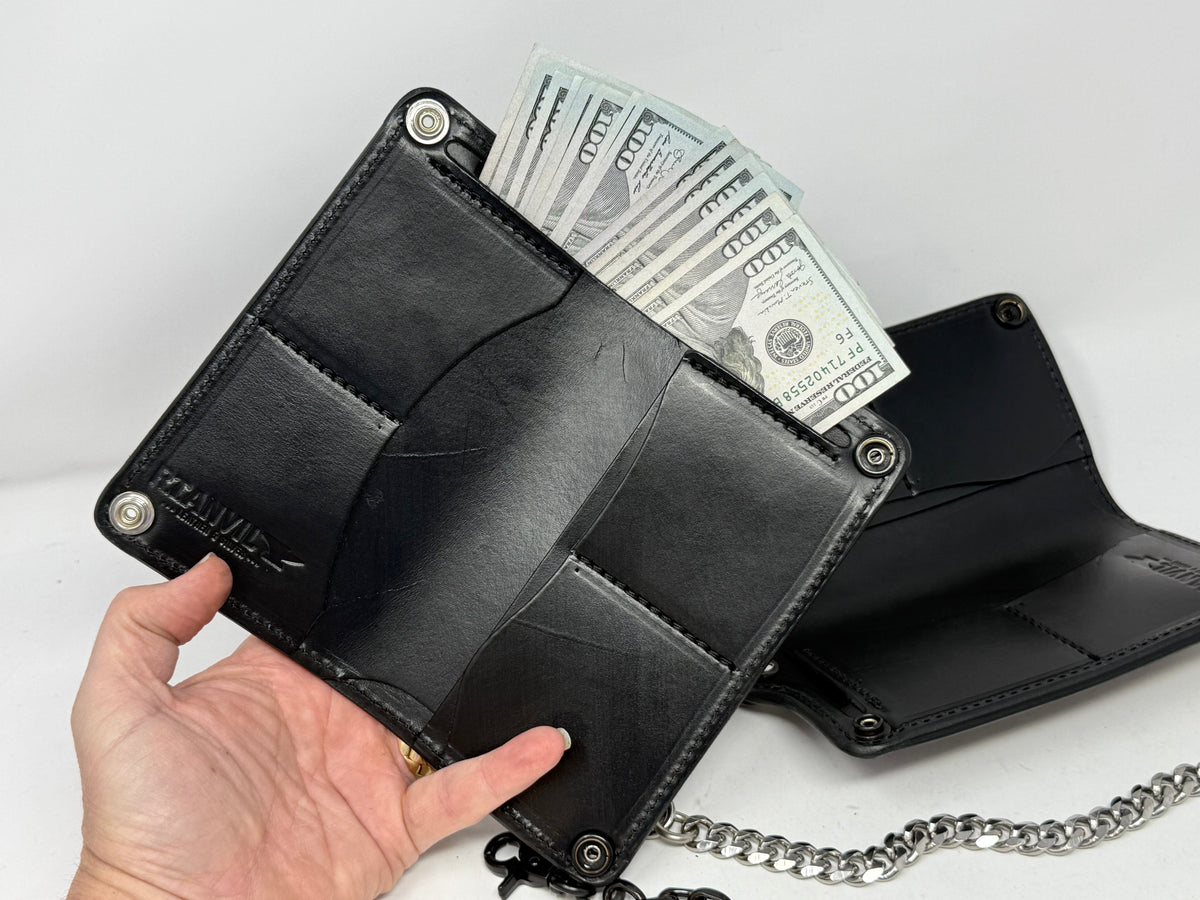 5G Long Biker Leather Chain Wallet - Black Hermann Oak