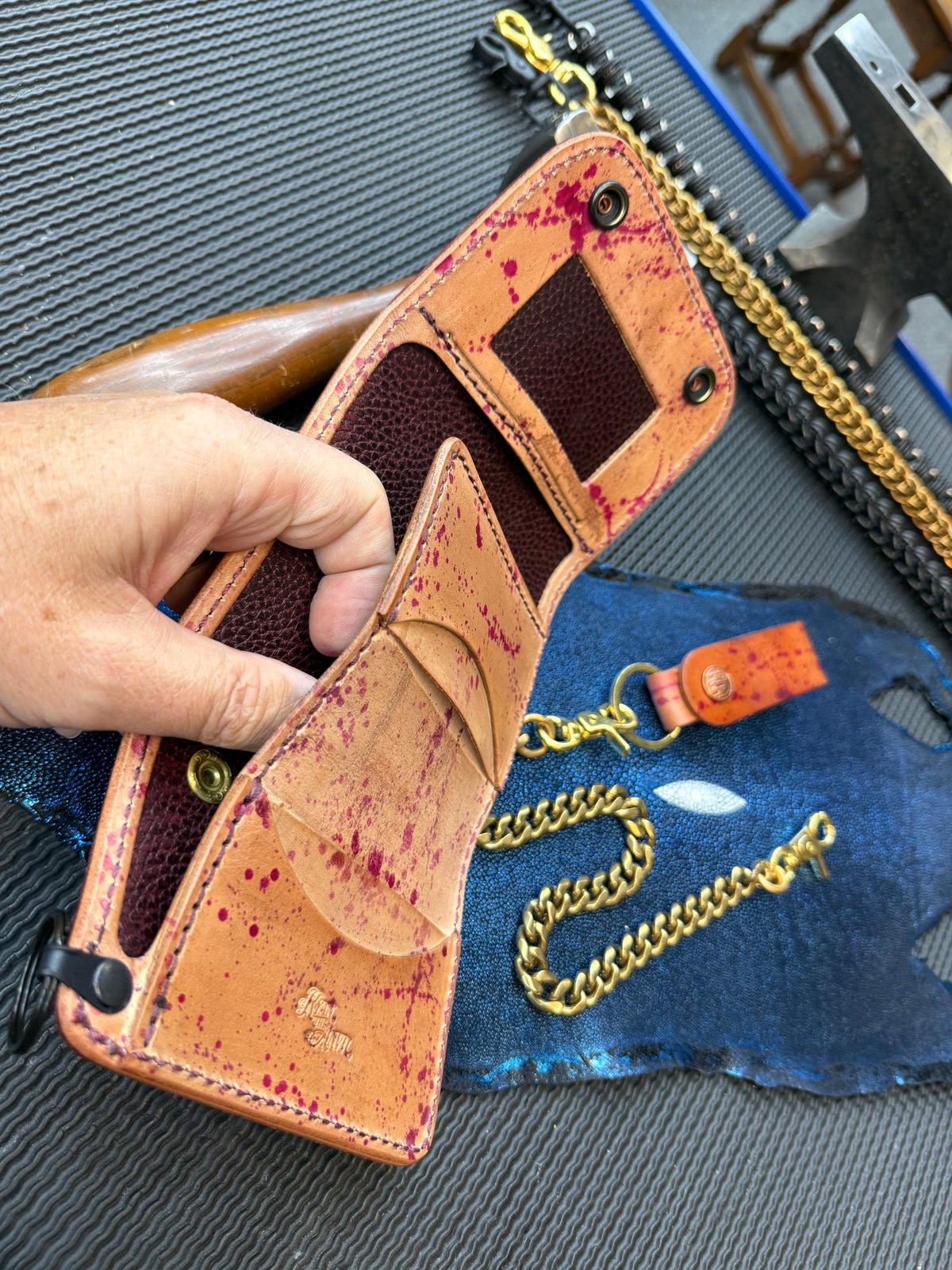 Trifold Leather Chain Wallet - Oxblood Splatter