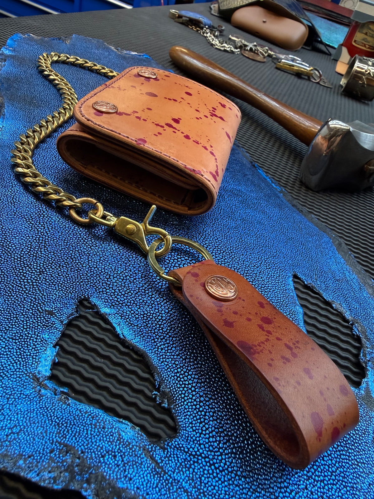 Trifold Leather Chain Wallet - Oxblood Splatter