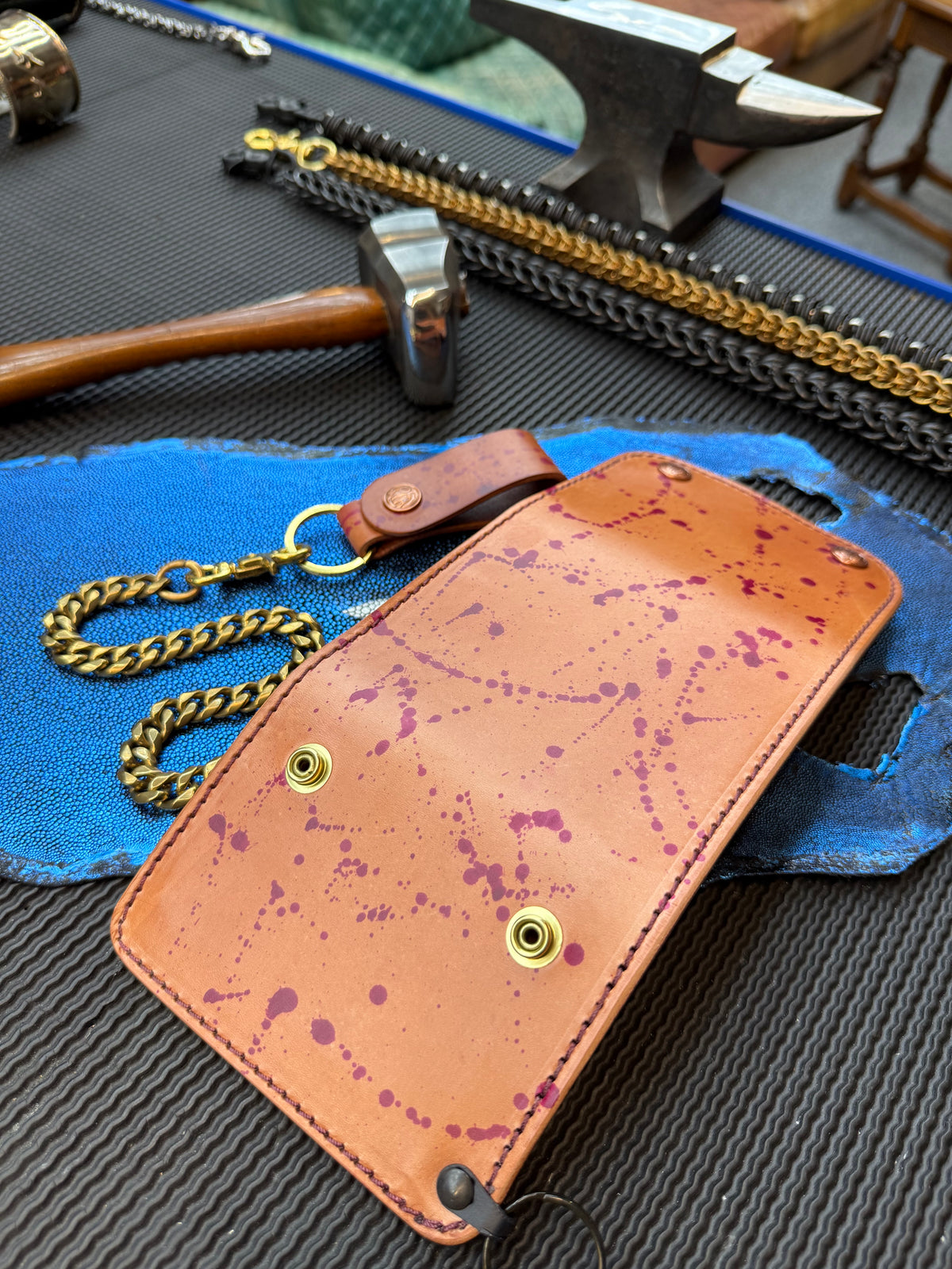 Trifold Leather Chain Wallet - Oxblood Splatter
