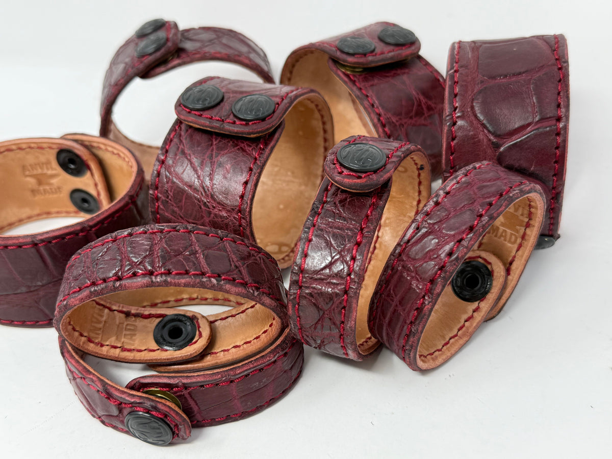 Alligator Leather Bracelet / Cuff: Burgundy/Oxblood - Anvil Customs