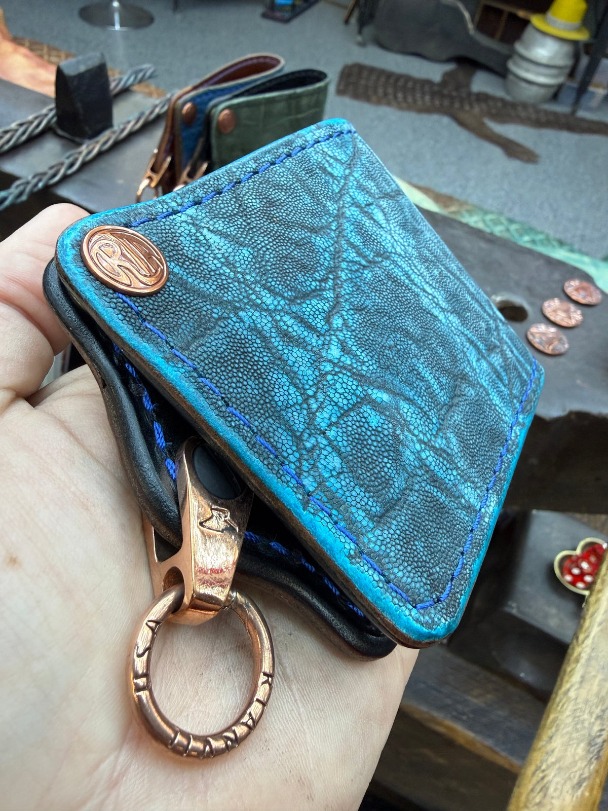 ANVIL 5G Bifold Leather Chain Wallet - Antiqued Turquoise Elephant