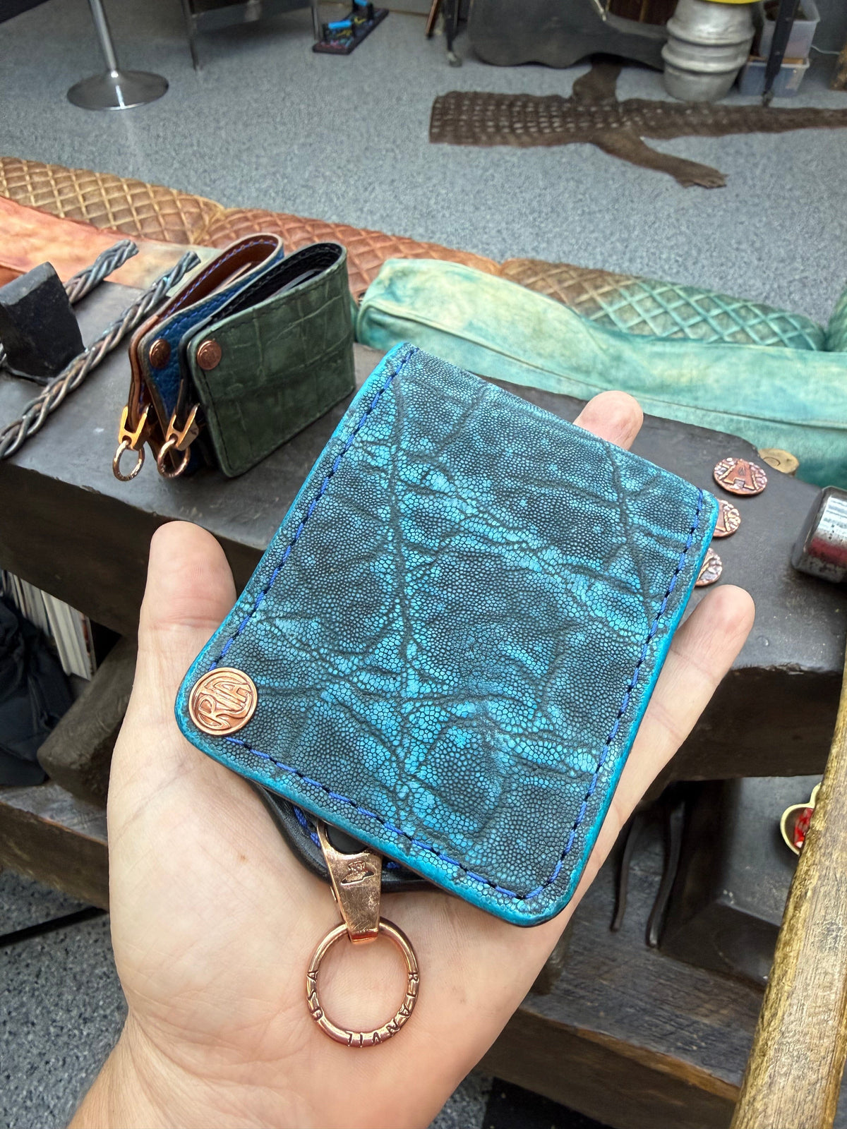 ANVIL 5G Bifold Leather Chain Wallet - Antiqued Turquoise Elephant