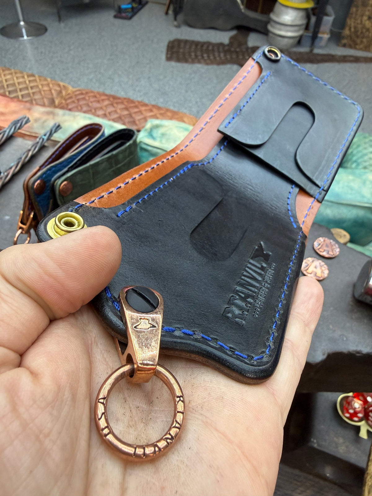 ANVIL 5G Bifold Leather Chain Wallet - Antiqued Turquoise Elephant