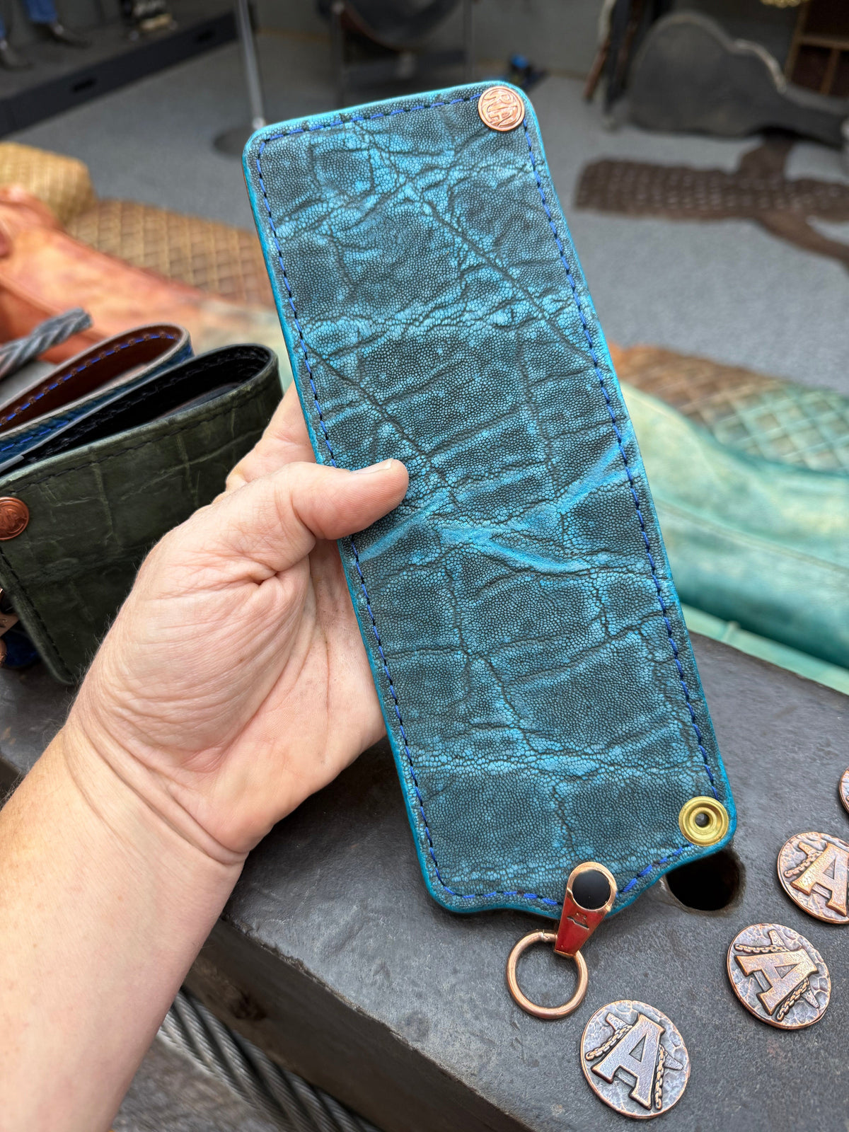 ANVIL 5G Bifold Leather Chain Wallet - Antiqued Turquoise Elephant