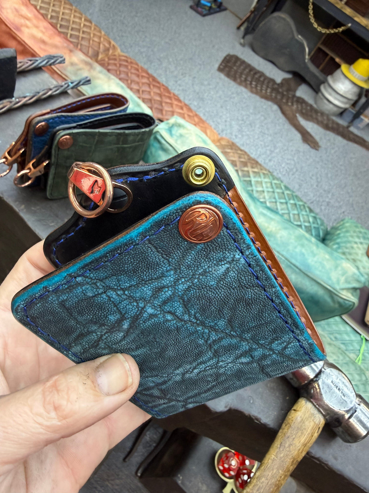 ANVIL 5G Bifold Leather Chain Wallet - Antiqued Turquoise Elephant