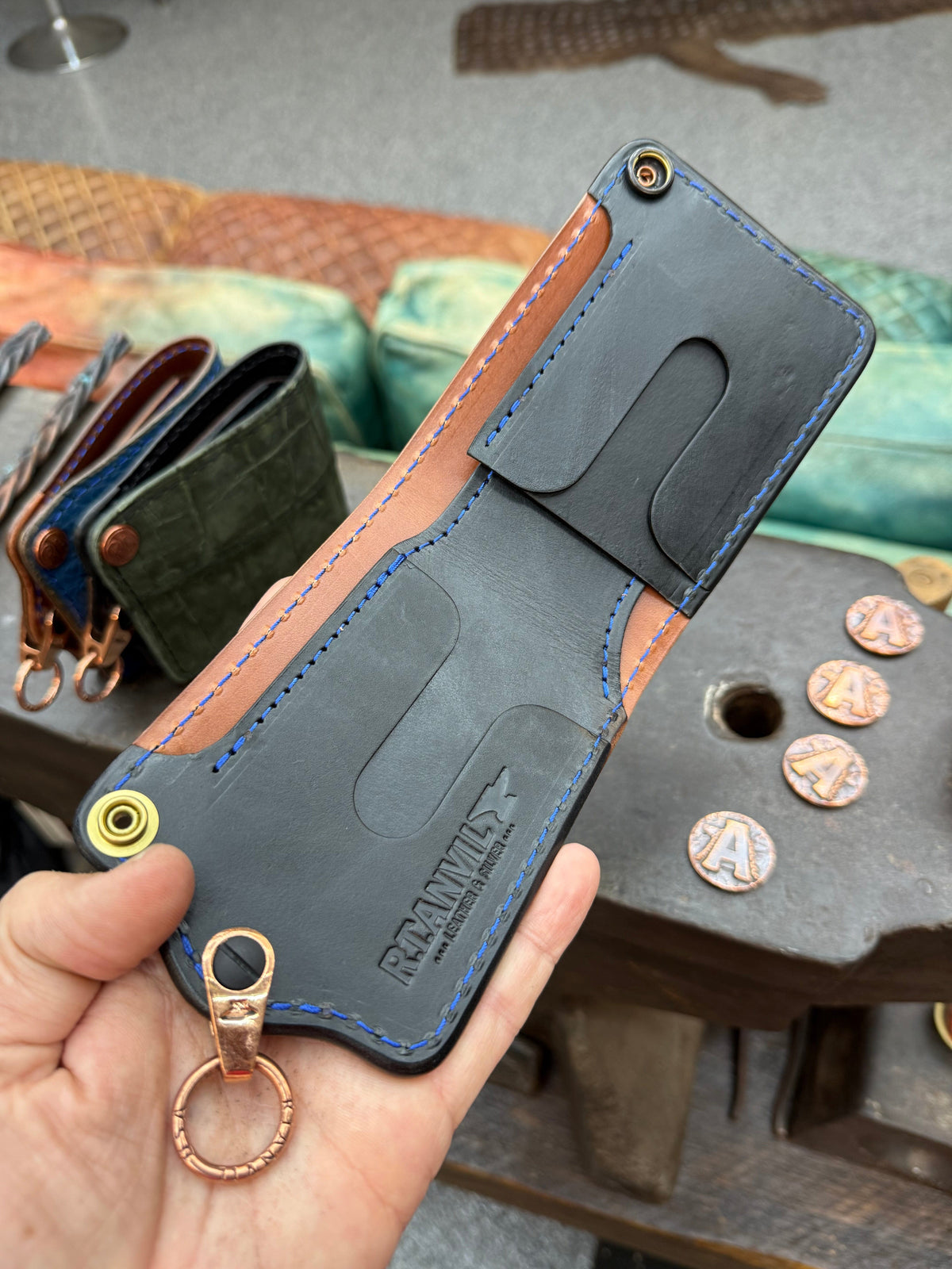 ANVIL 5G Bifold Leather Chain Wallet - Antiqued Turquoise Elephant