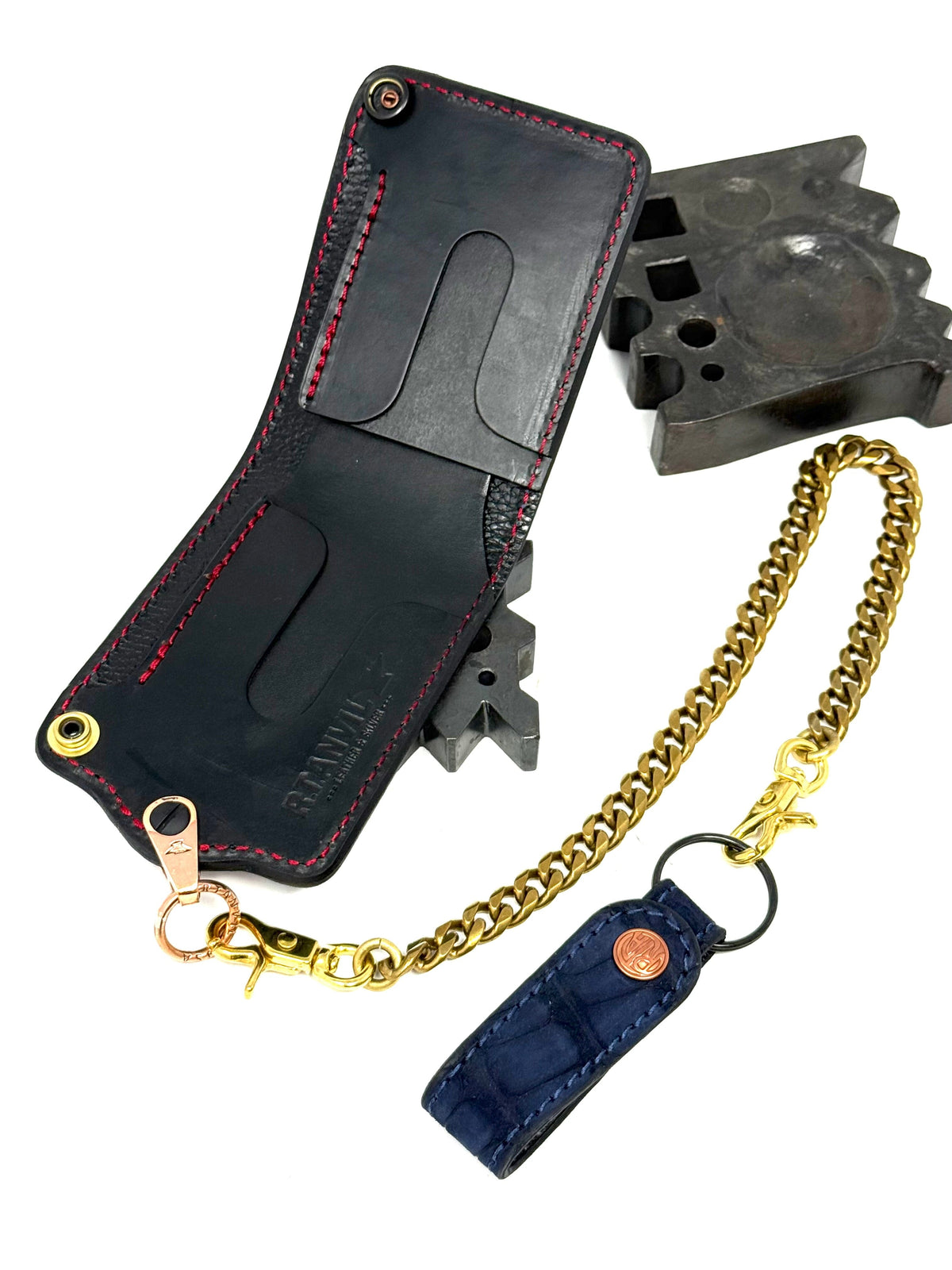 Anvil 5G Bifold Leather Chain Wallet - Navy Nubuck American Alligator