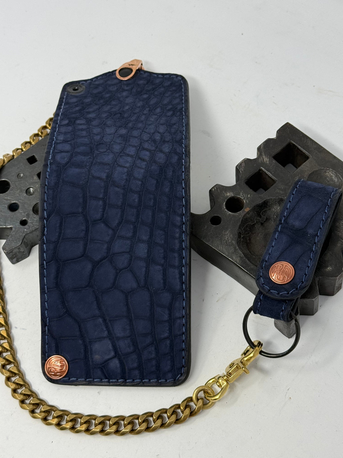 Anvil 5G Bifold Leather Chain Wallet - Navy Nubuck American Alligator