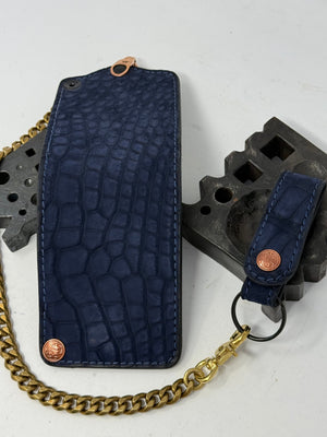 Anvil 5G Bifold Leather Chain Wallet - Navy Nubuck American Alligator