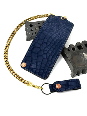 Anvil 5G Bifold Leather Chain Wallet - Navy Nubuck American Alligator