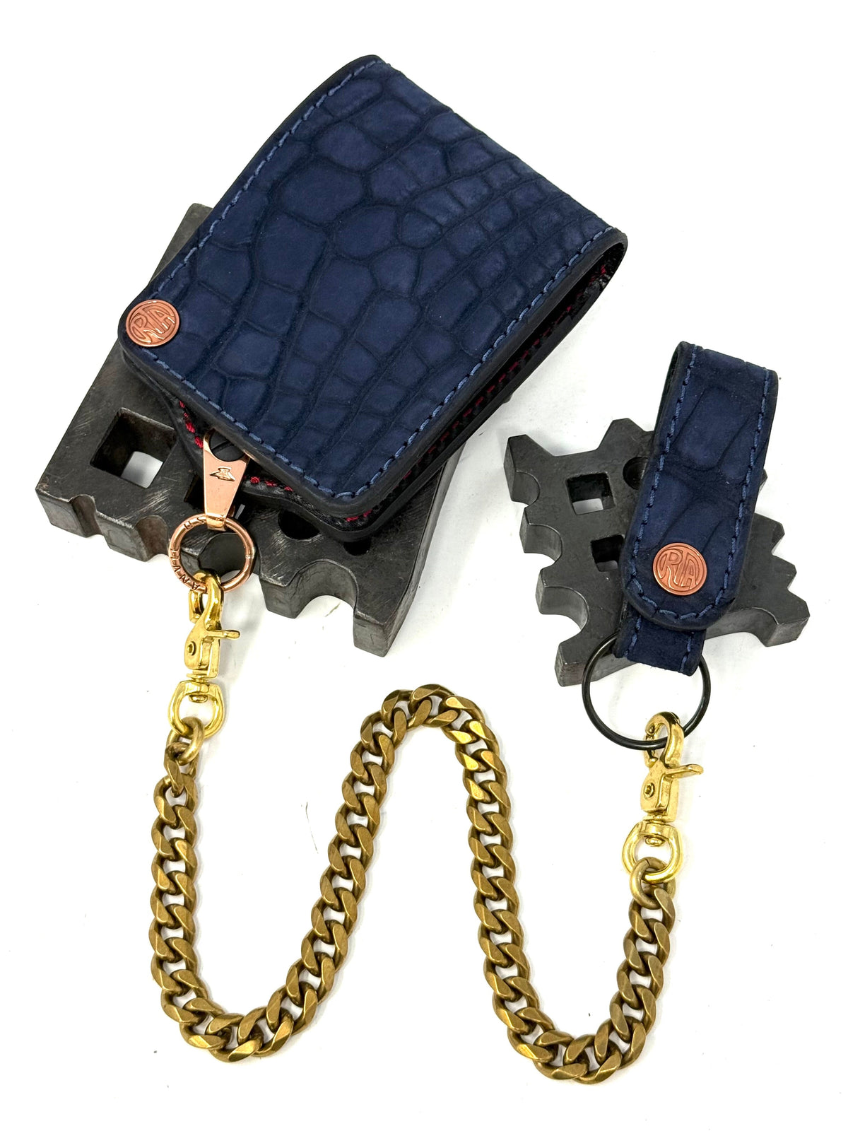 Anvil 5G Bifold Leather Chain Wallet - Navy Nubuck American Alligator
