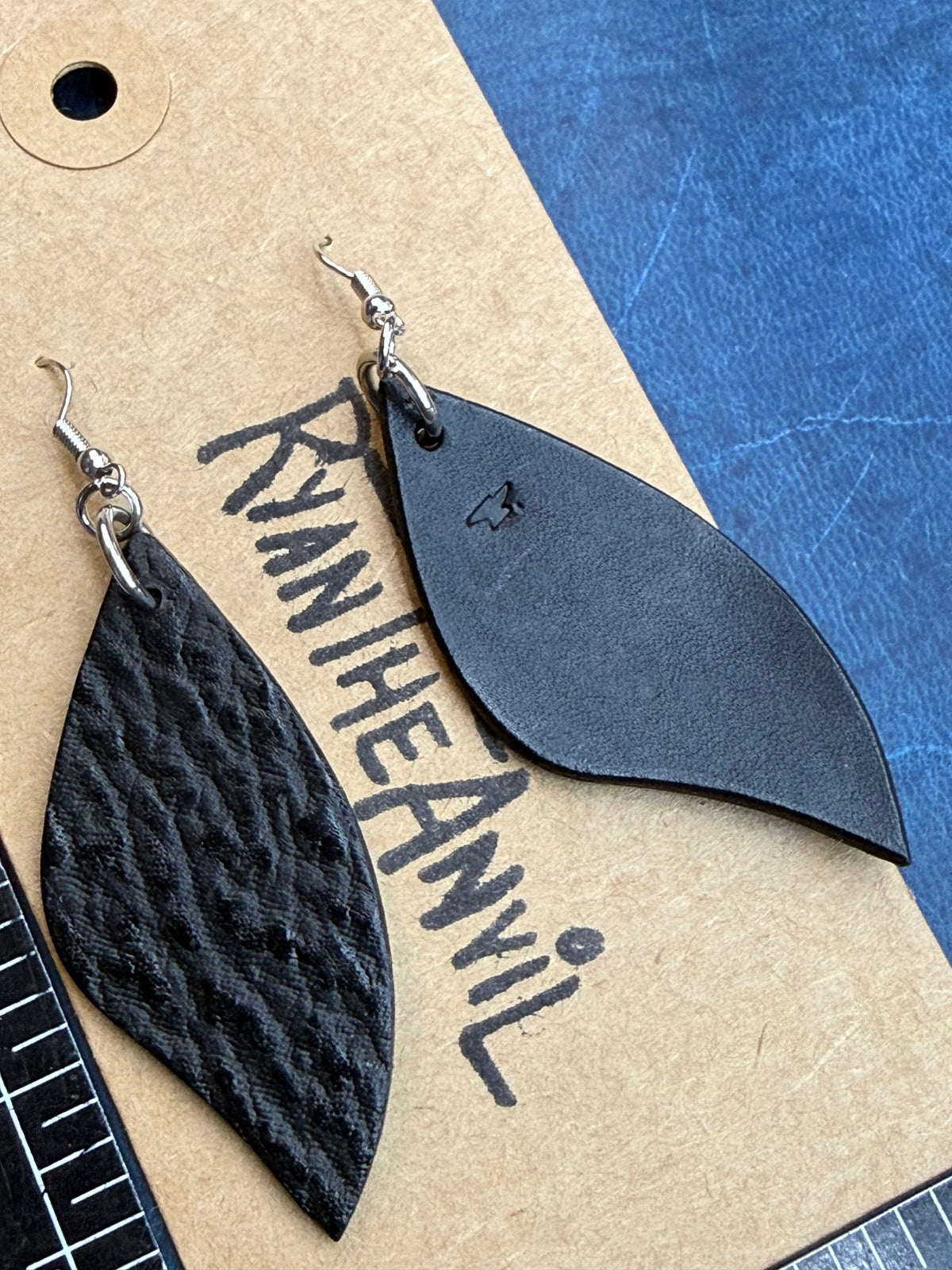 Exotic Leather Earrings: Black Shark Leaf Shaped