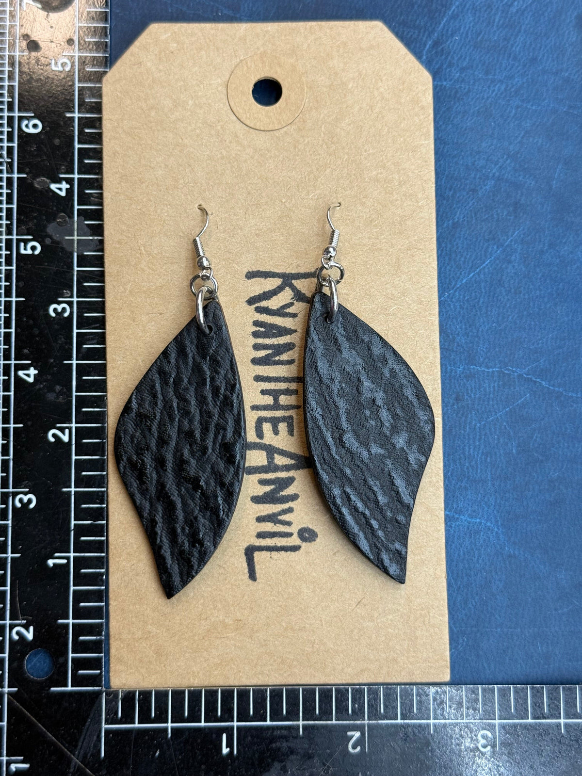 Exotic Leather Earrings: Black Shark Leaf Shaped