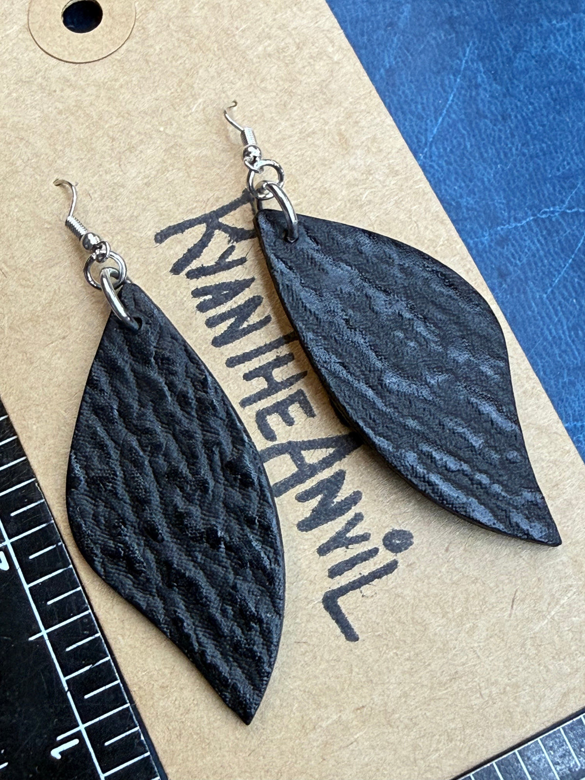 Exotic Leather Earrings: Black Shark Leaf Shaped