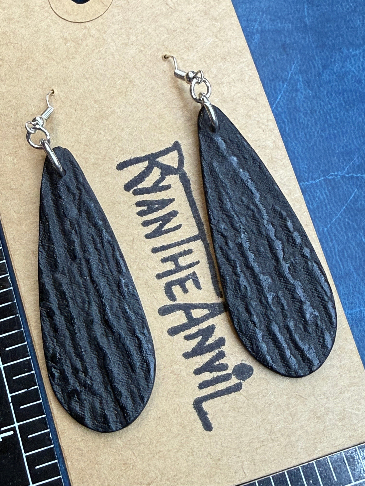 Exotic Leather Earrings: Black Shark Teardrop
