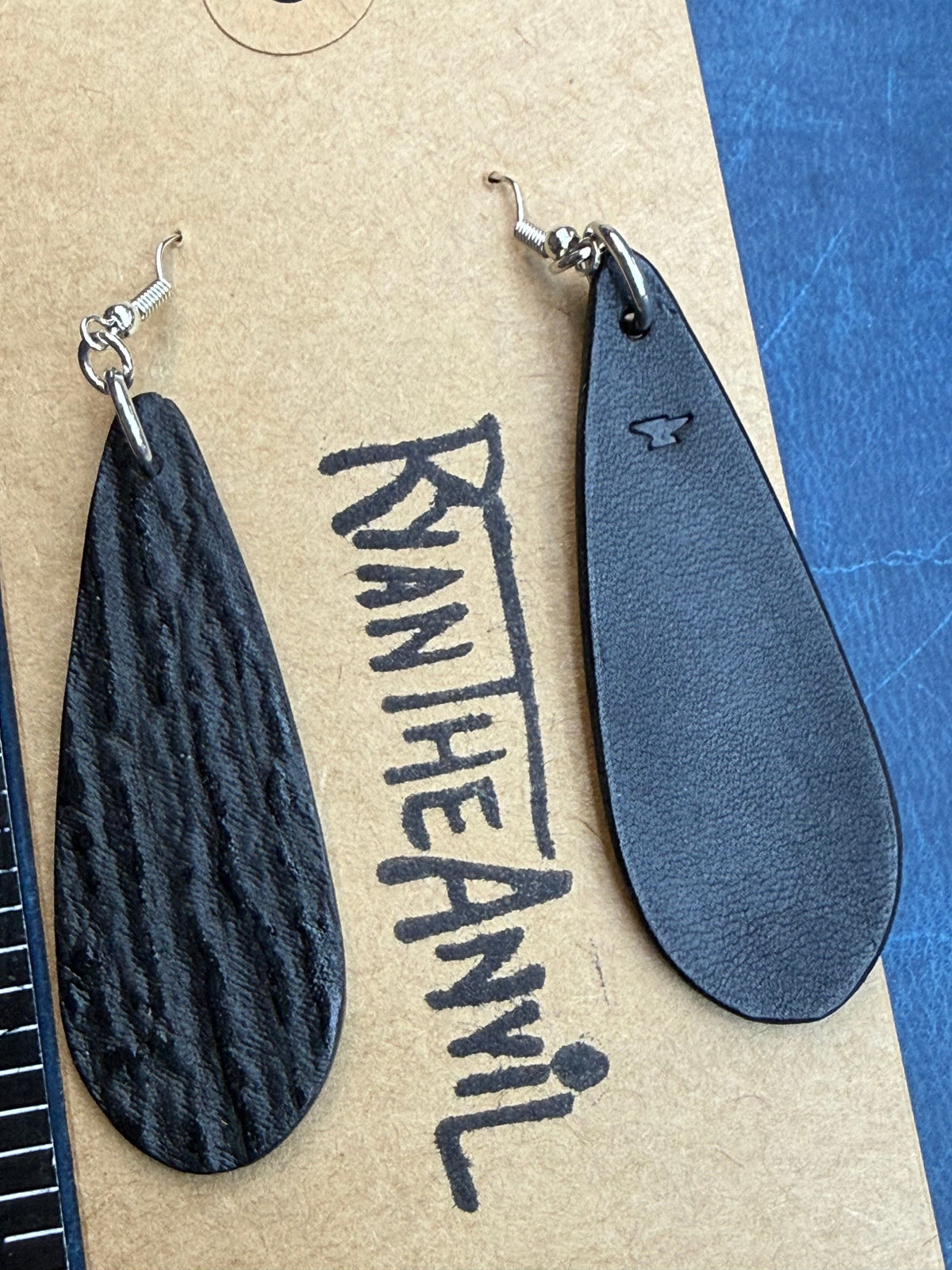 Exotic Leather Earrings: Black Shark Teardrop