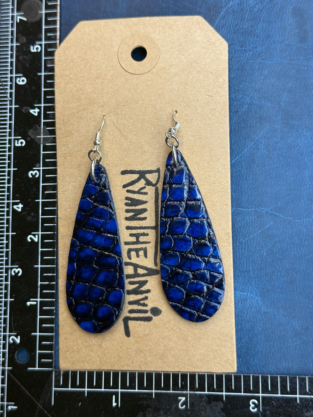 Exotic Leather Earrings: Blue Black Alligator Teardrop