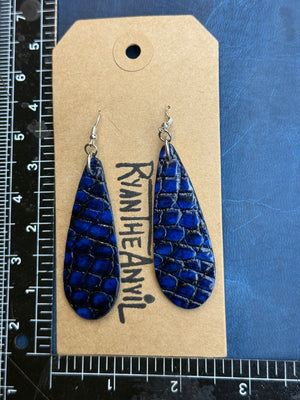 Exotic Leather Earrings: Blue Black Alligator Teardrop - Anvil Customs
