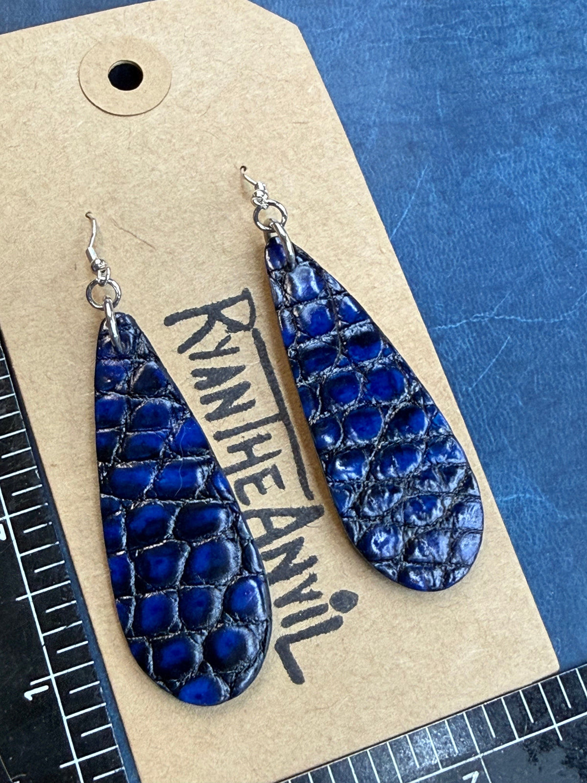 Exotic Leather Earrings: Blue Black Alligator Teardrop