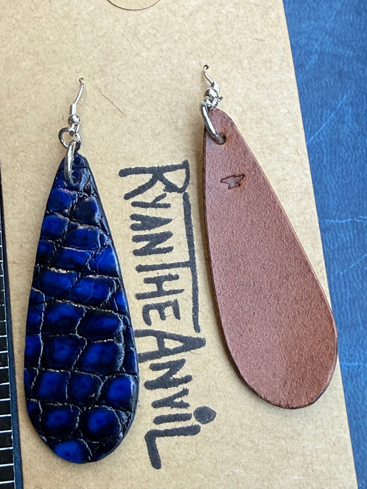 Exotic Leather Earrings: Blue Black Alligator Teardrop