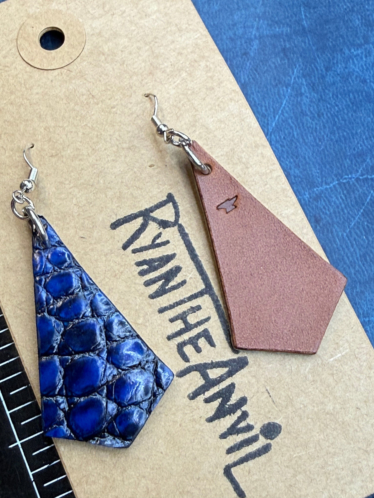 Exotic Leather Earrings: Blue Black Alligator Trapezoid