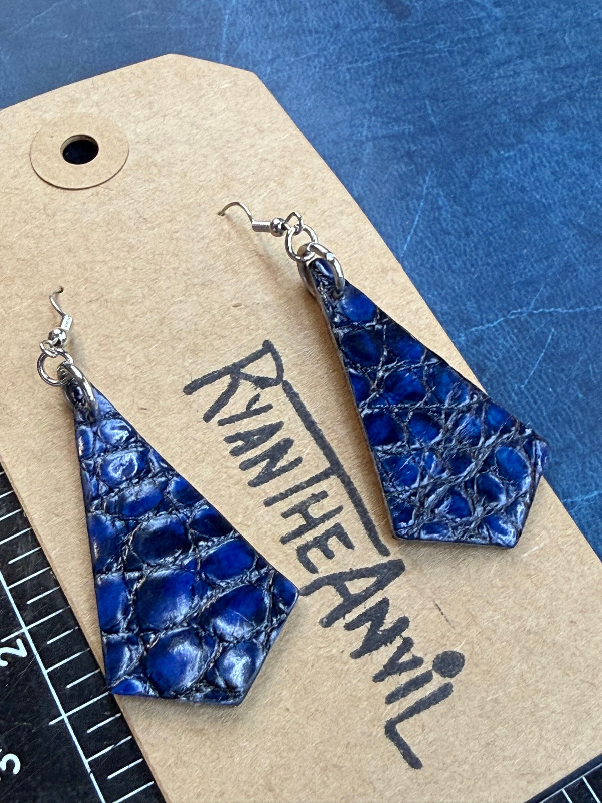 Exotic Leather Earrings: Blue Black Alligator Trapezoid