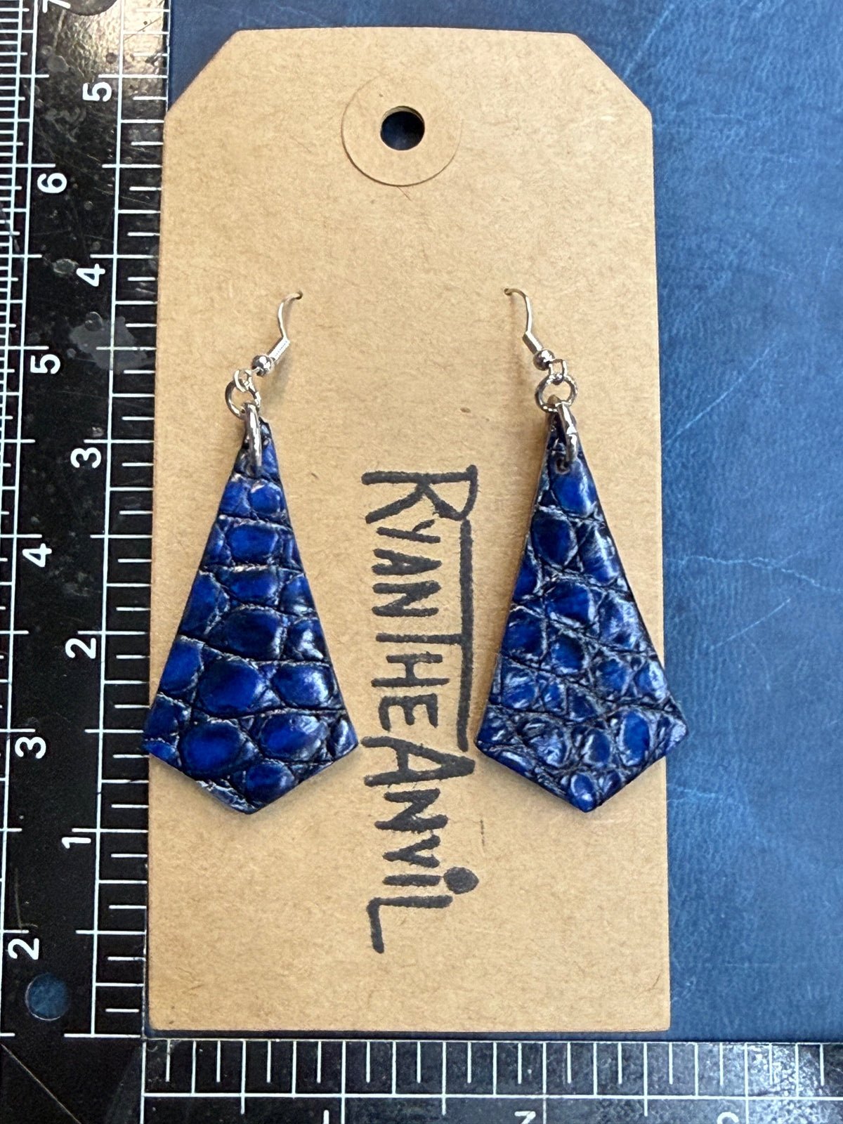 Exotic Leather Earrings: Blue Black Alligator Trapezoid