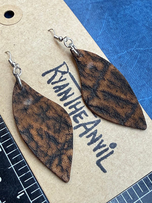 Exotic Leather Earrings: Cognac Elephant Leaf Shaped - Anvil Customs