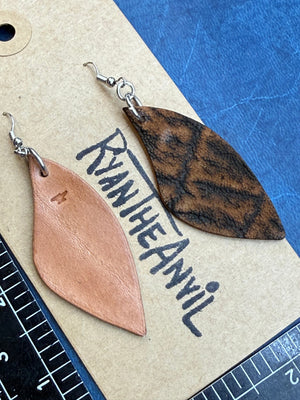 Exotic Leather Earrings: Cognac Elephant Leaf Shaped - Anvil Customs