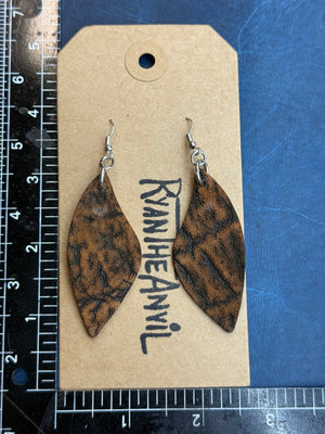 Exotic Leather Earrings: Cognac Elephant Leaf Shaped - Anvil Customs