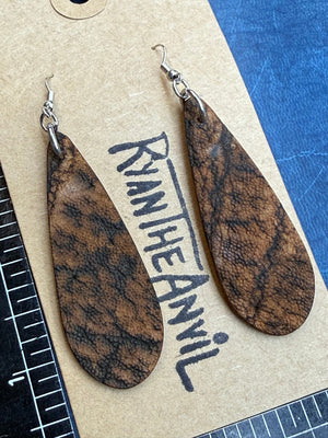 Exotic Leather Earrings: Cognac Elephant Teardrop - Anvil Customs