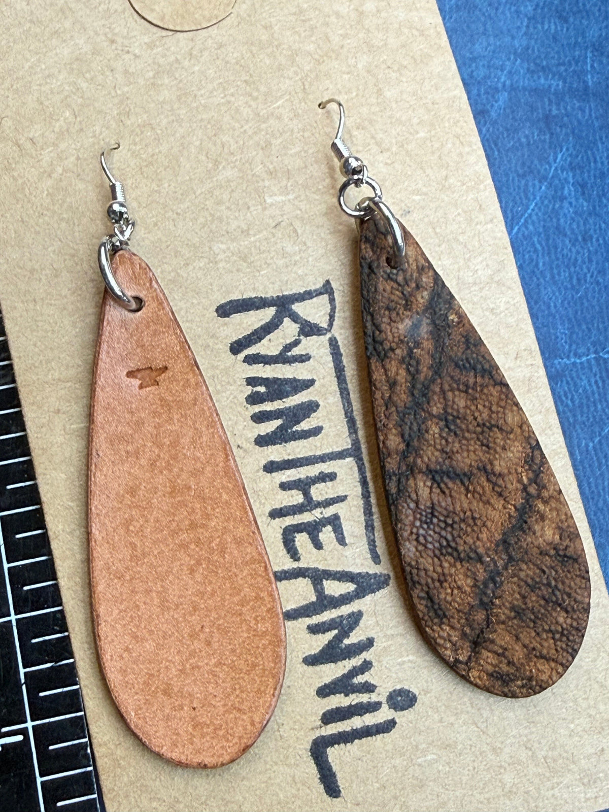Exotic Leather Earrings: Cognac Elephant Teardrop