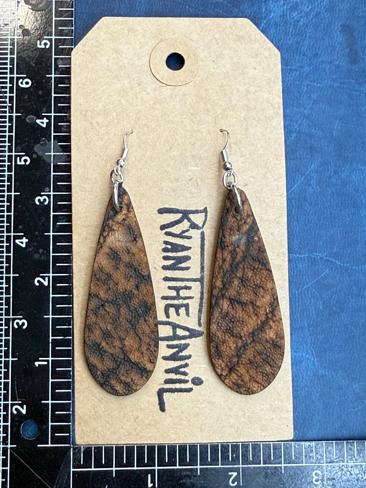 Exotic Leather Earrings: Cognac Elephant Teardrop