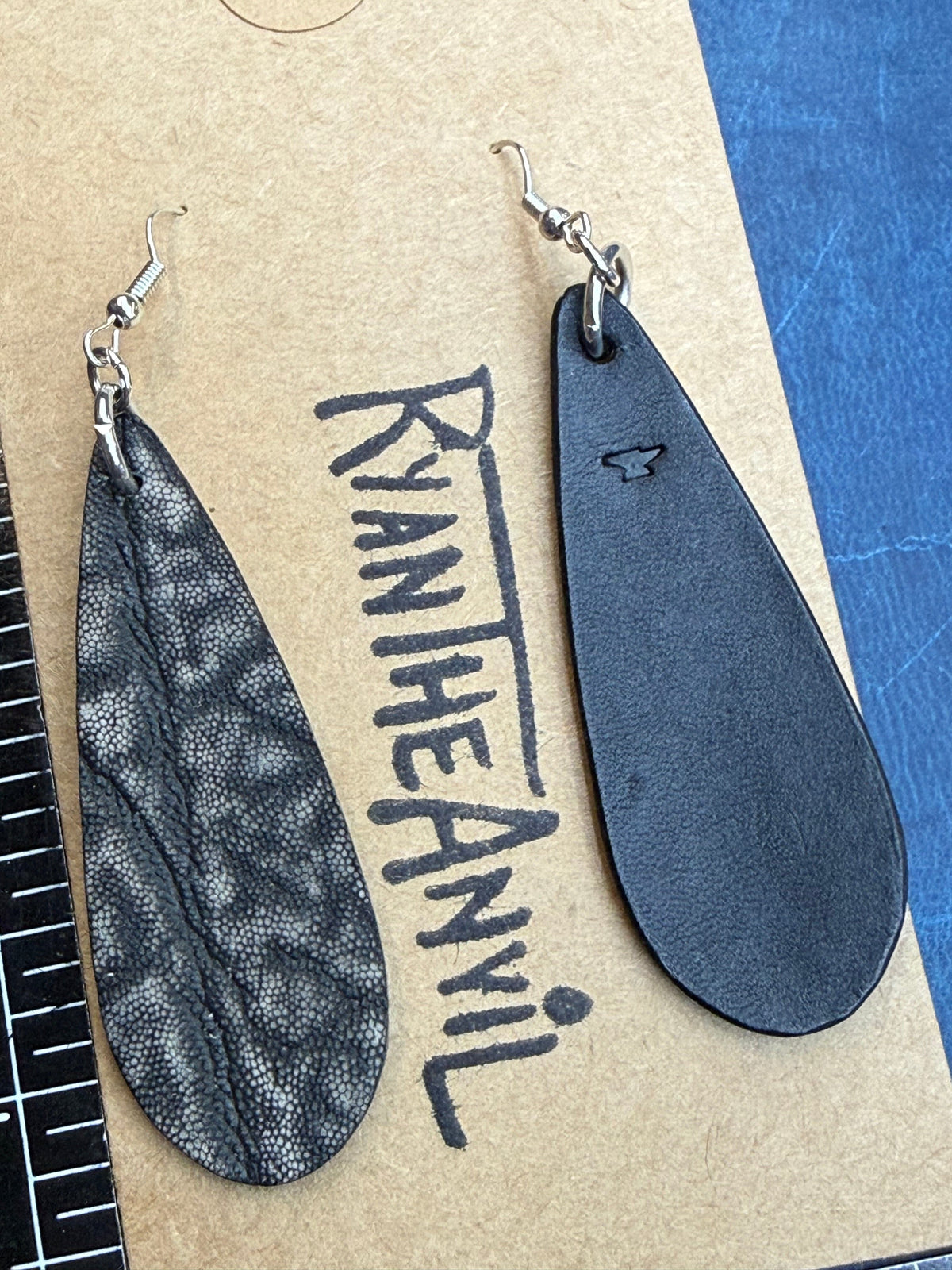 Exotic Leather Earrings: Dark Gray Elephant Teardrop