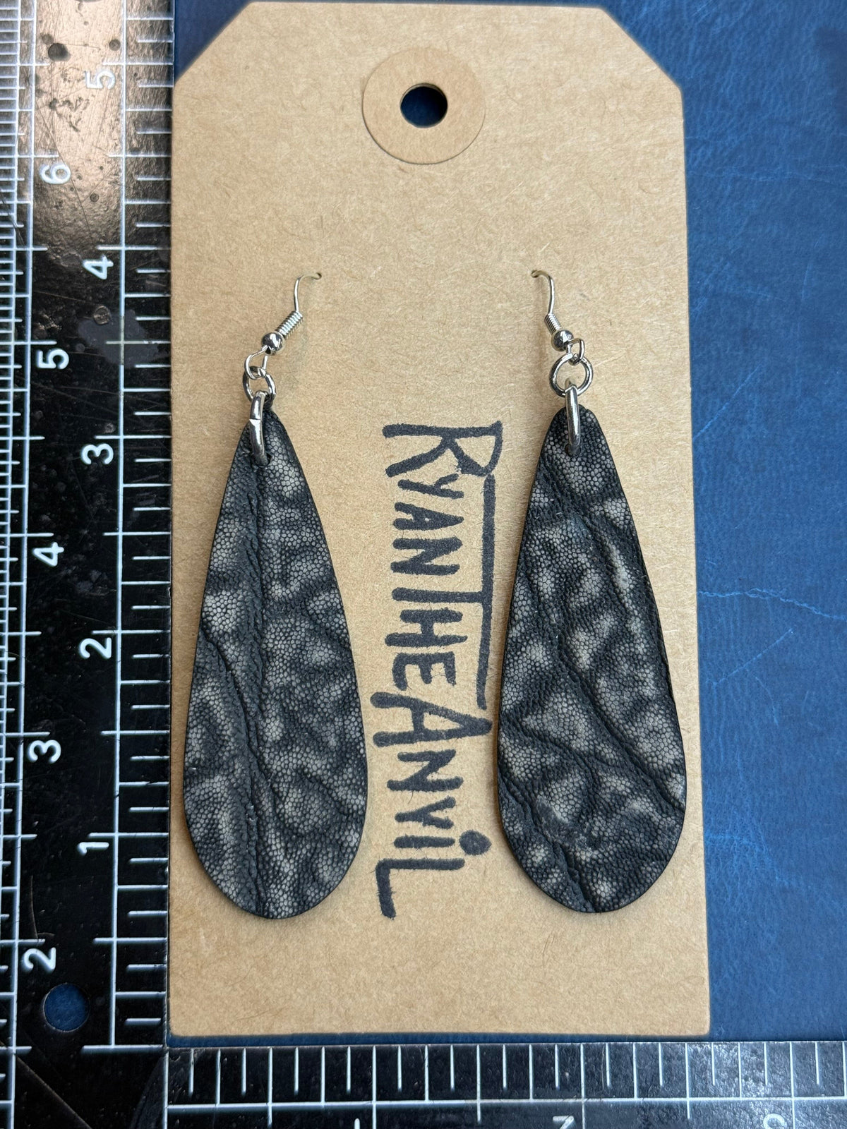 Exotic Leather Earrings: Dark Gray Elephant Teardrop