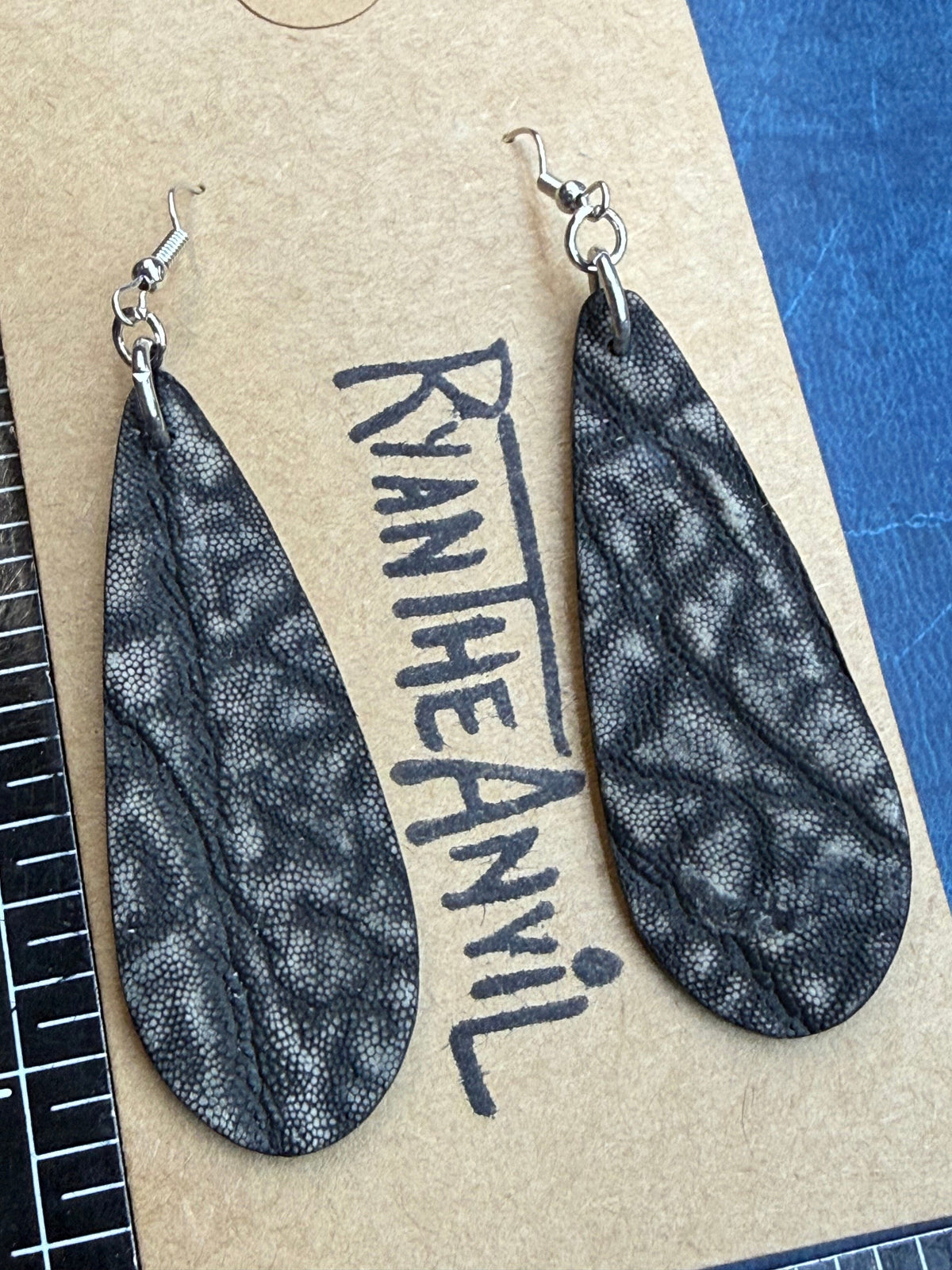 Exotic Leather Earrings: Dark Gray Elephant Teardrop