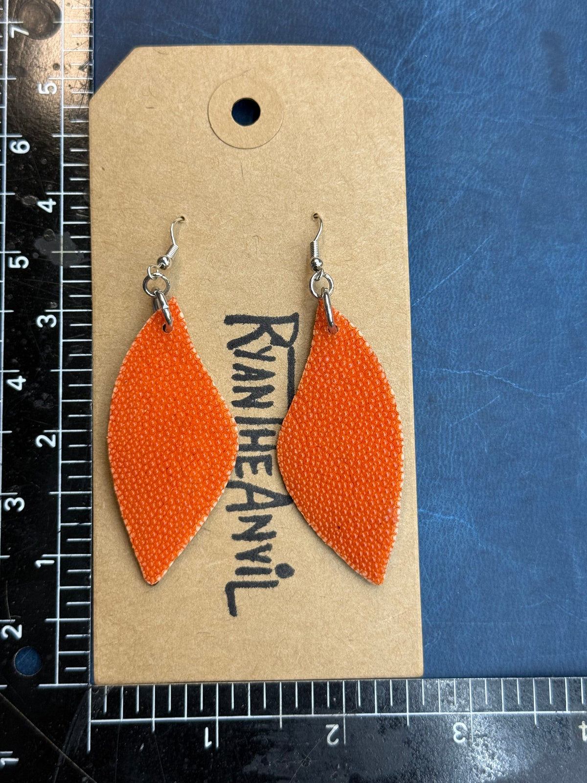Exotic Leather Earrings: Orange Stingray Leaf-Shaped