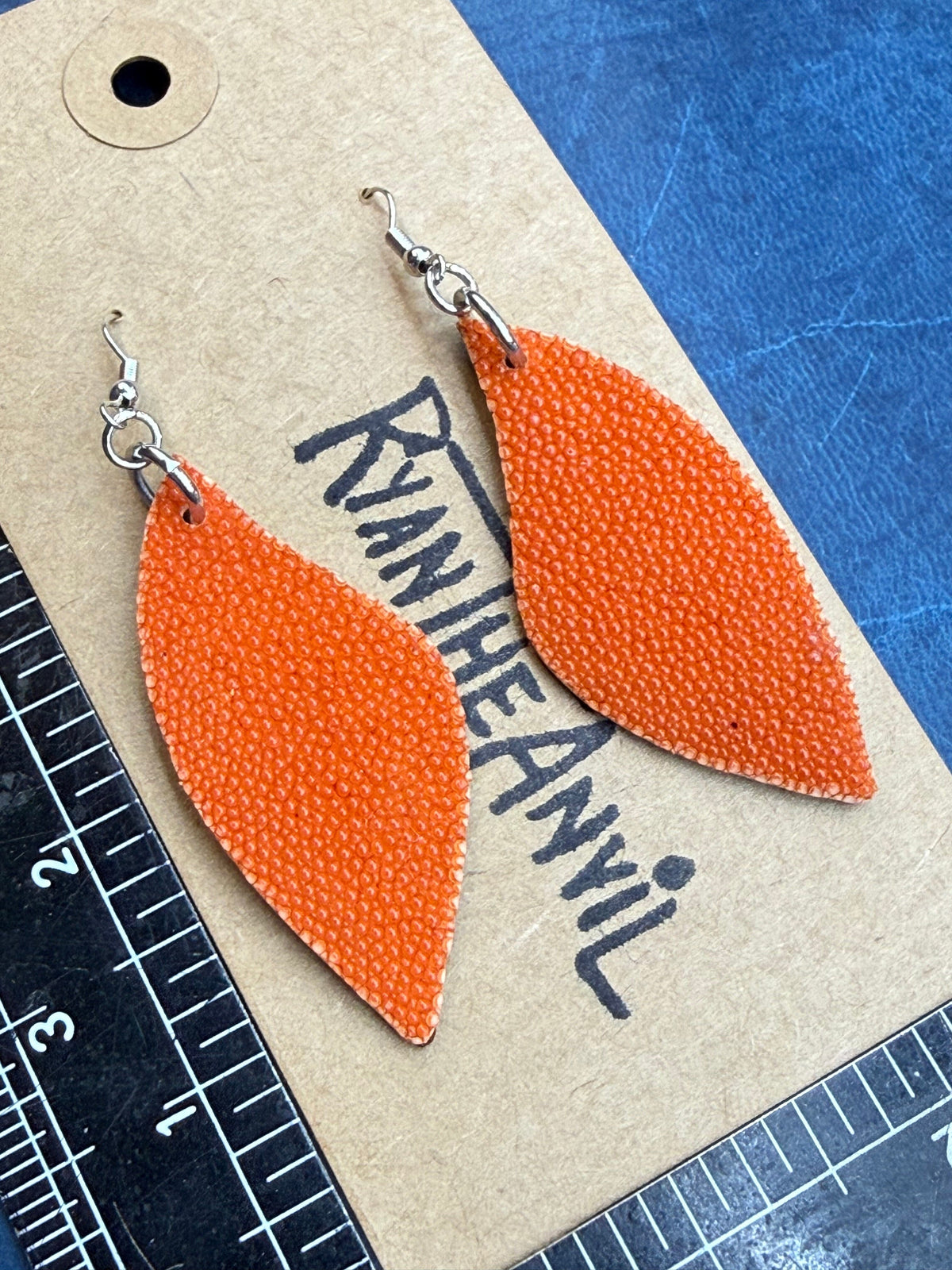 Exotic Leather Earrings: Orange Stingray Leaf-Shaped