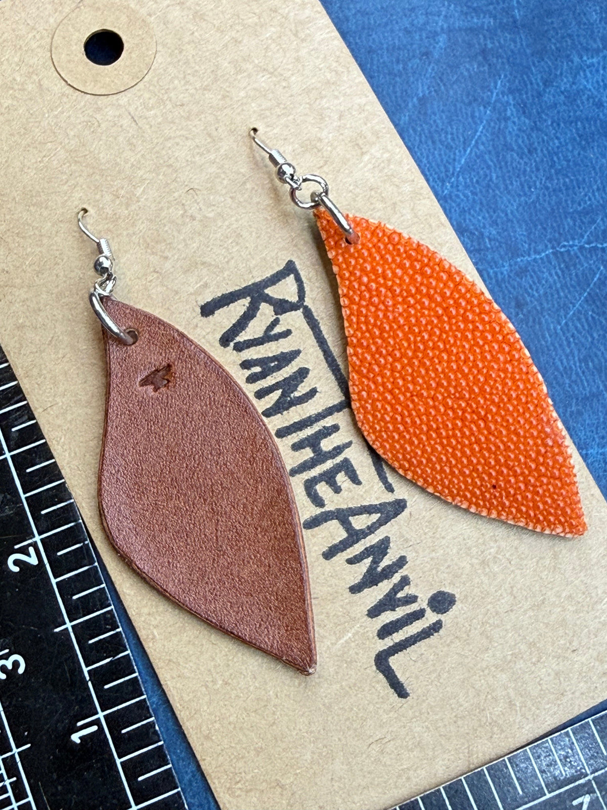 Exotic Leather Earrings: Orange Stingray Leaf-Shaped