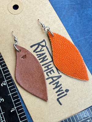 Exotic Leather Earrings: Orange Stingray Leaf-Shaped - Anvil Customs
