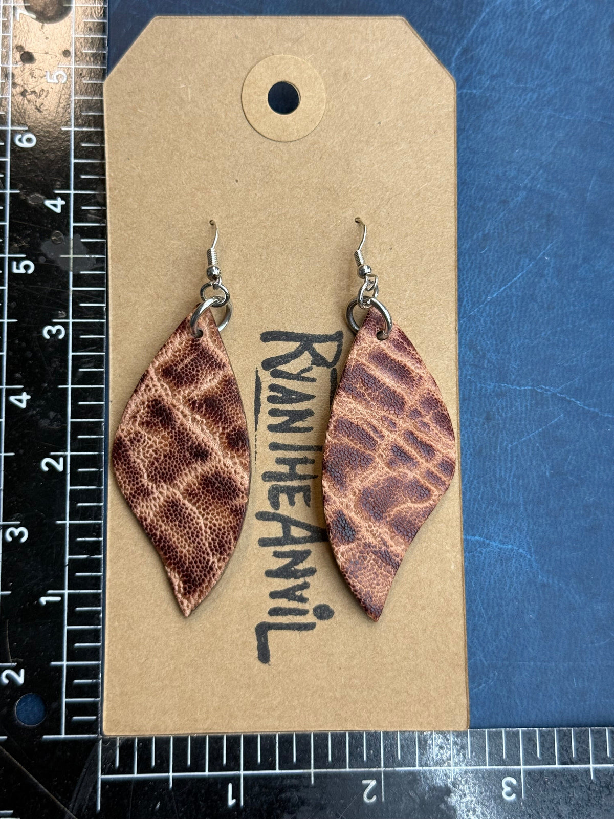 Exotic Leather Earrings: Peat Elephant Leaf Shaped - Anvil Customs