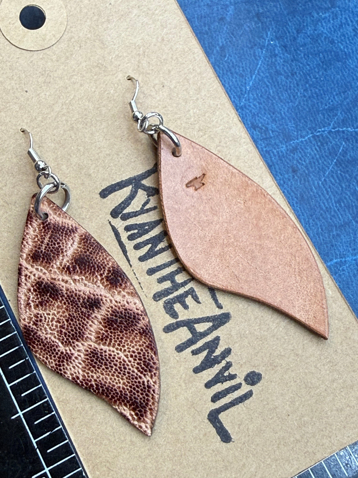 Exotic Leather Earrings: Peat Elephant Leaf Shaped - Anvil Customs