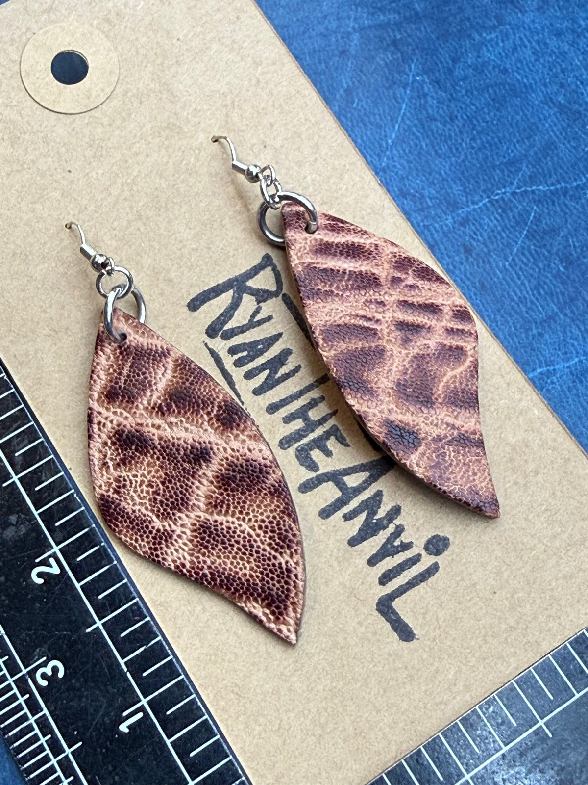 Exotic Leather Earrings: Peat Elephant Leaf Shaped - Anvil Customs