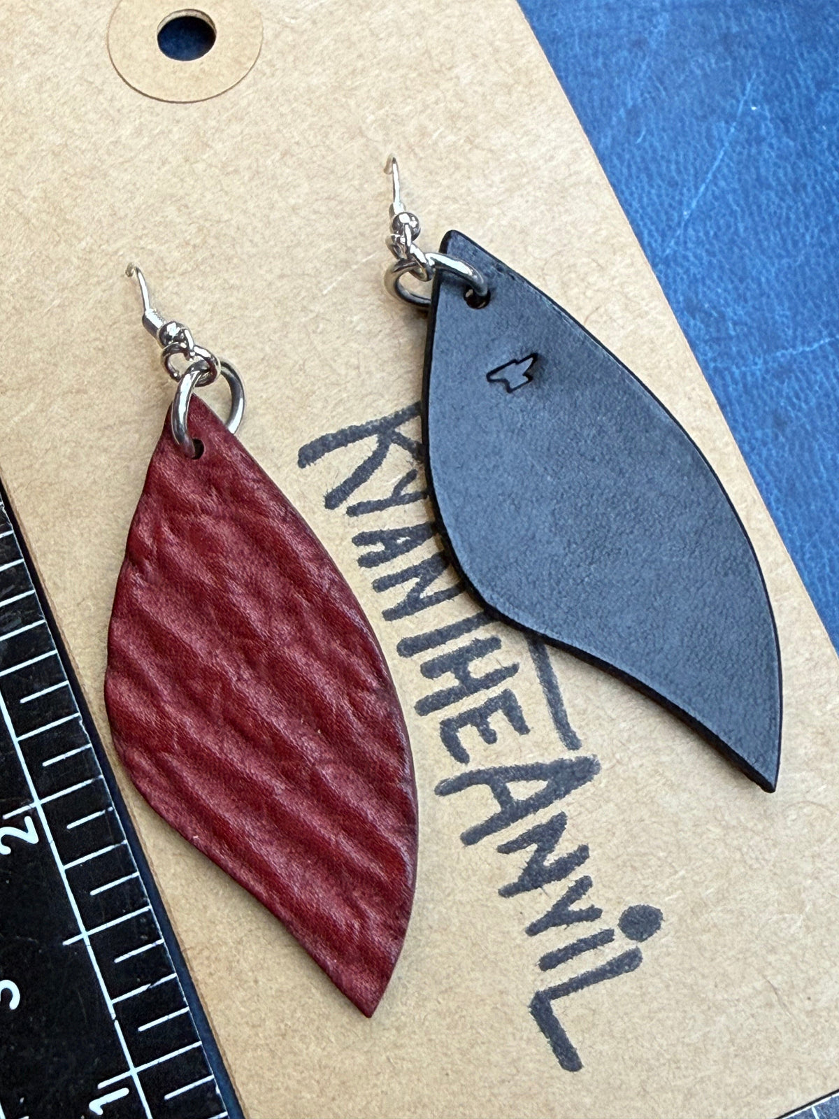 Exotic Leather Earrings: Red Shark Leaf Shaped