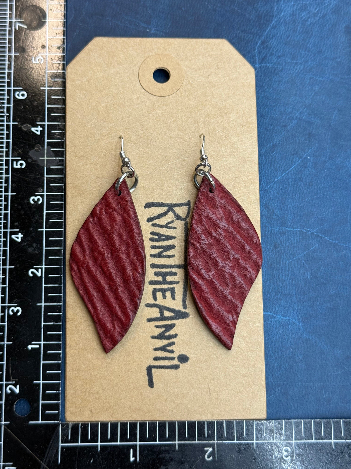 Exotic Leather Earrings: Red Shark Leaf Shaped