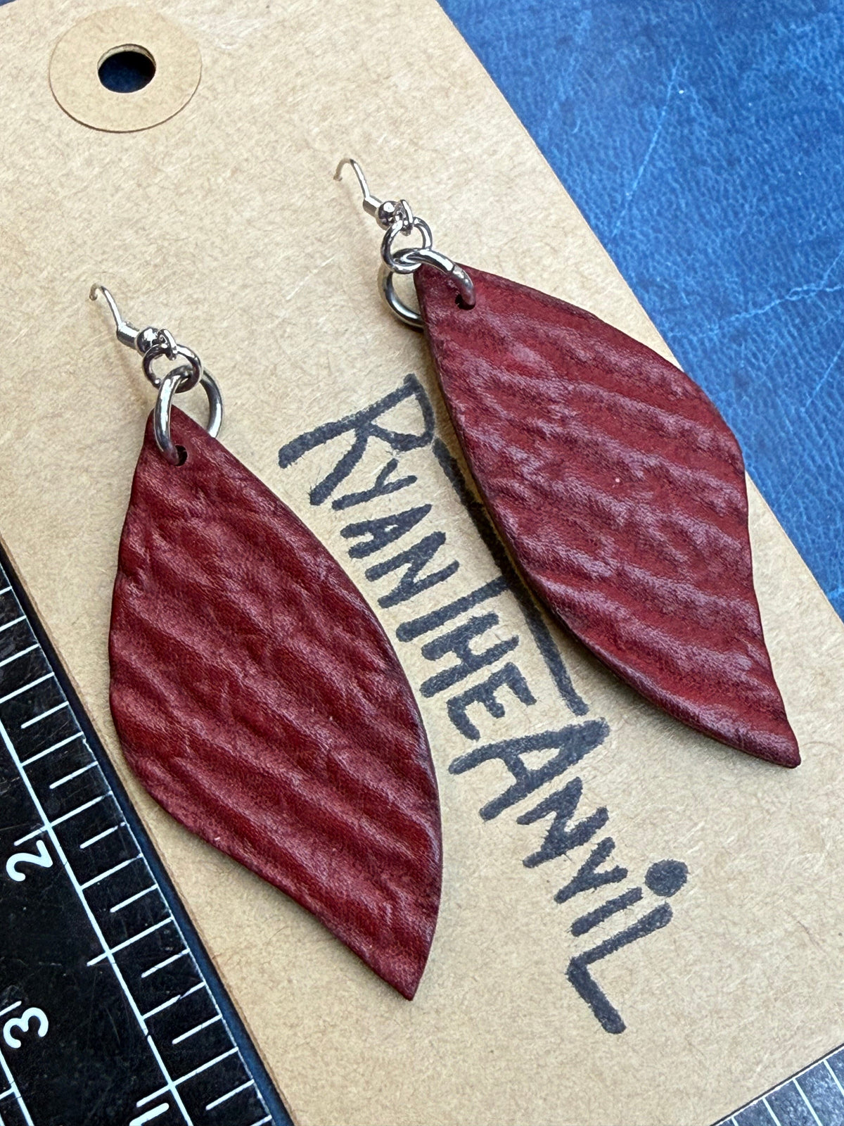 Exotic Leather Earrings: Red Shark Leaf Shaped